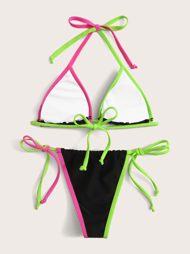 Traje de baño de bikini de triángulo con lazo lateral en contraste